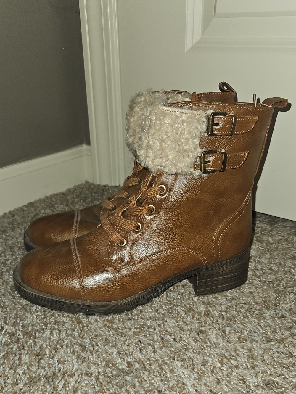 Serra Brown Faux-Shearling Lace-Up Ankle Boots